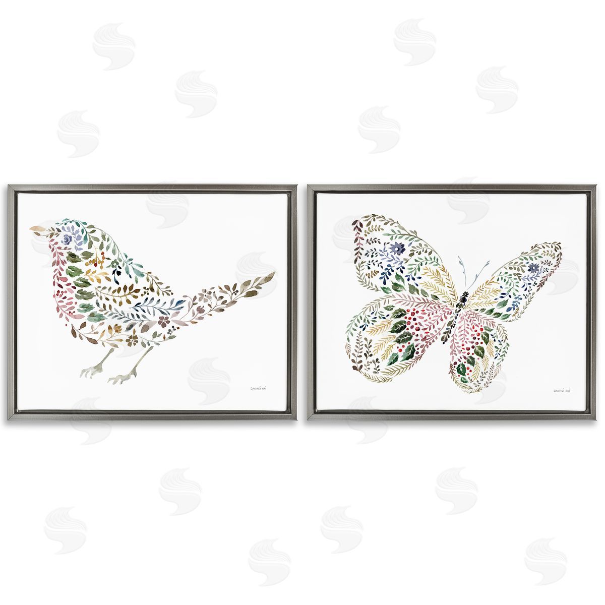 Bird & Butterfly From Nature Grey Floating Frame Canvas Wall Art, Home Decor by Danhui Nai