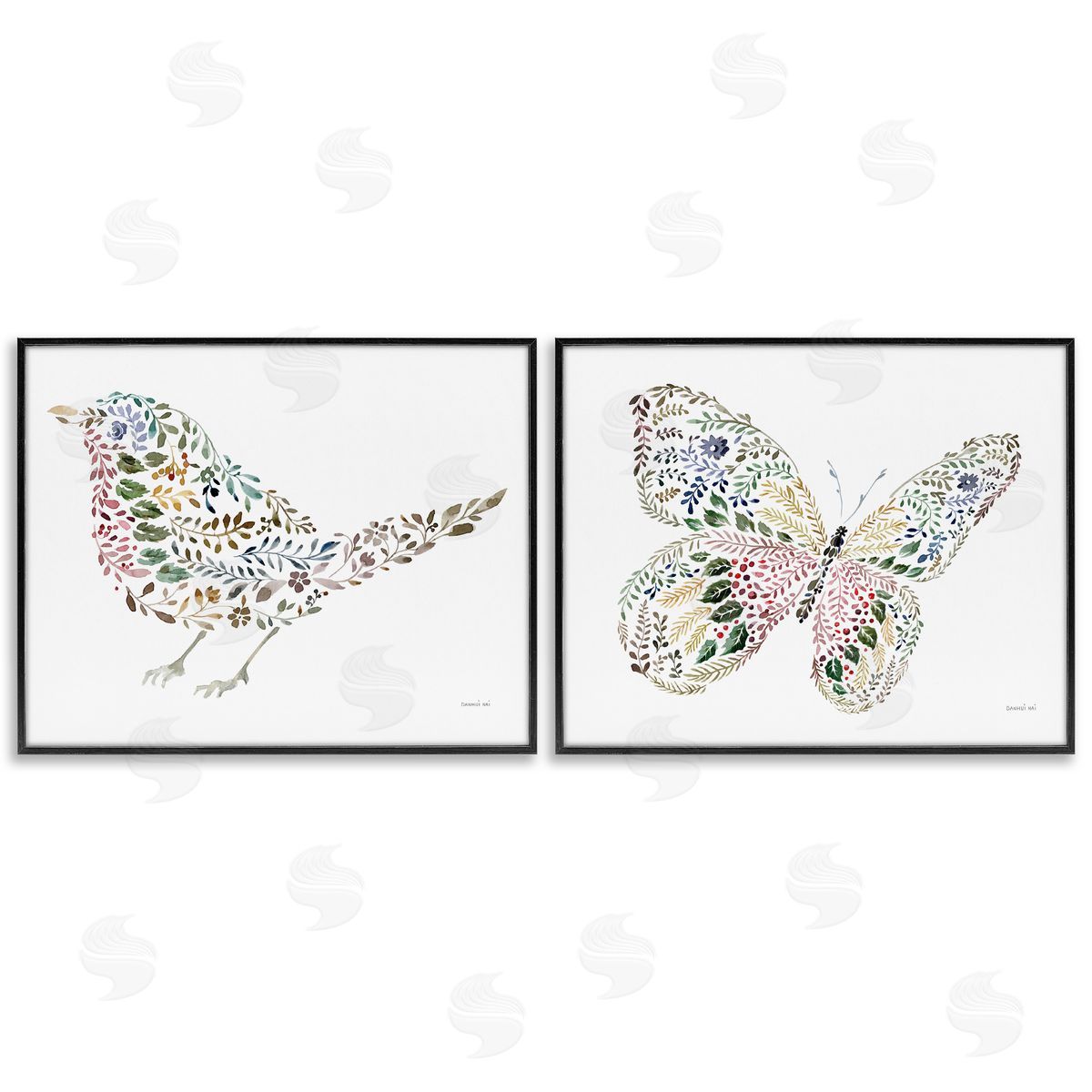 Bird & Butterfly From Nature Black Frame Print Wall Art, Home Decor by Danhui Nai