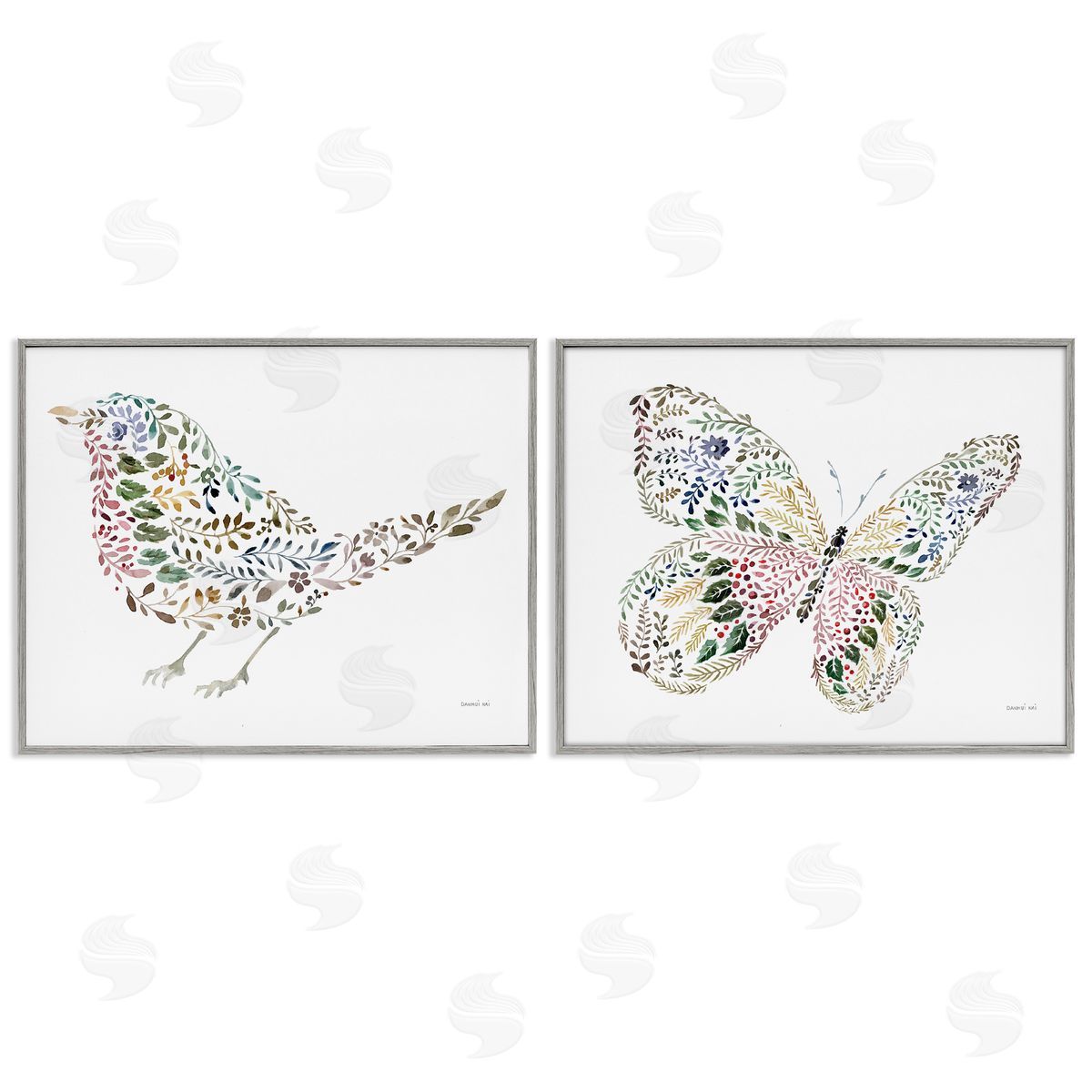 Bird & Butterfly From Nature Grey Frame Print Wall Art, Home Decor by Danhui Nai