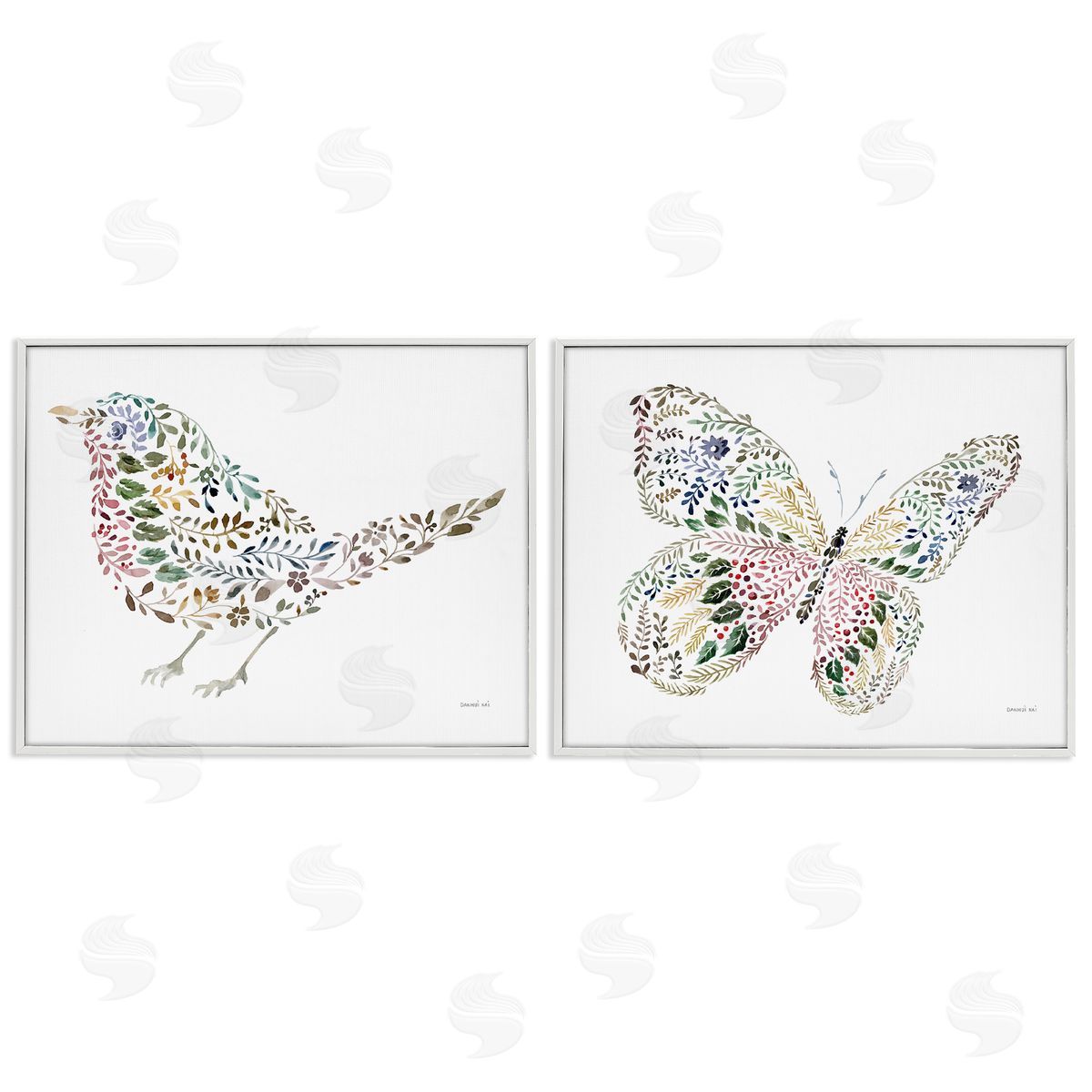 Bird & Butterfly From Nature White Frame Print Wall Art, Home Decor by Danhui Nai