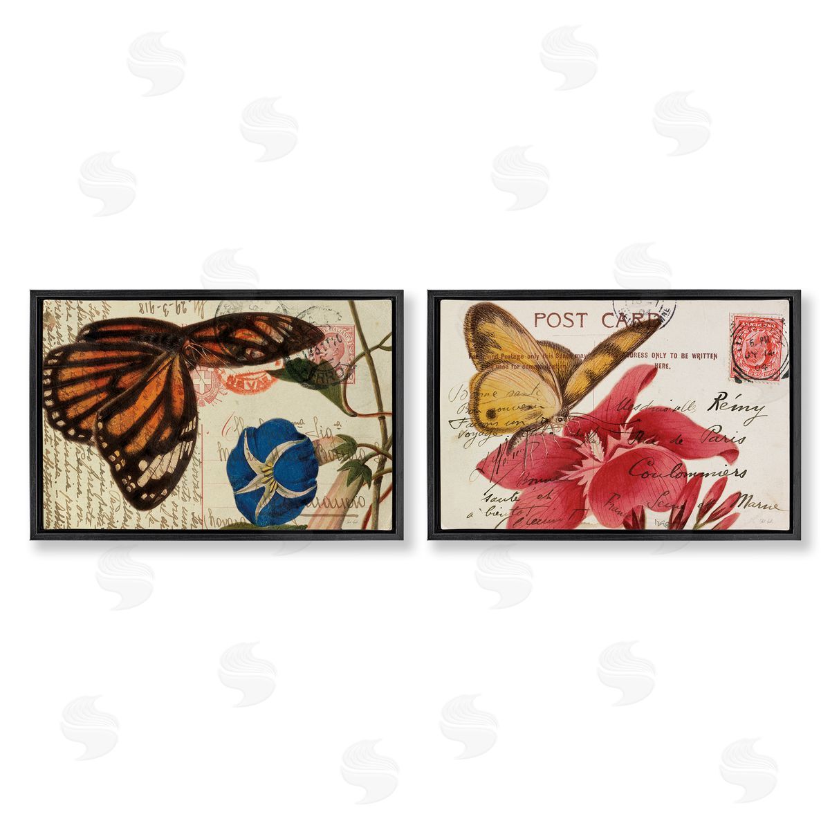 Butterfly Accented Postcards Black Floating Frame Canvas Wall Art, Home Decor by Deborah Revell