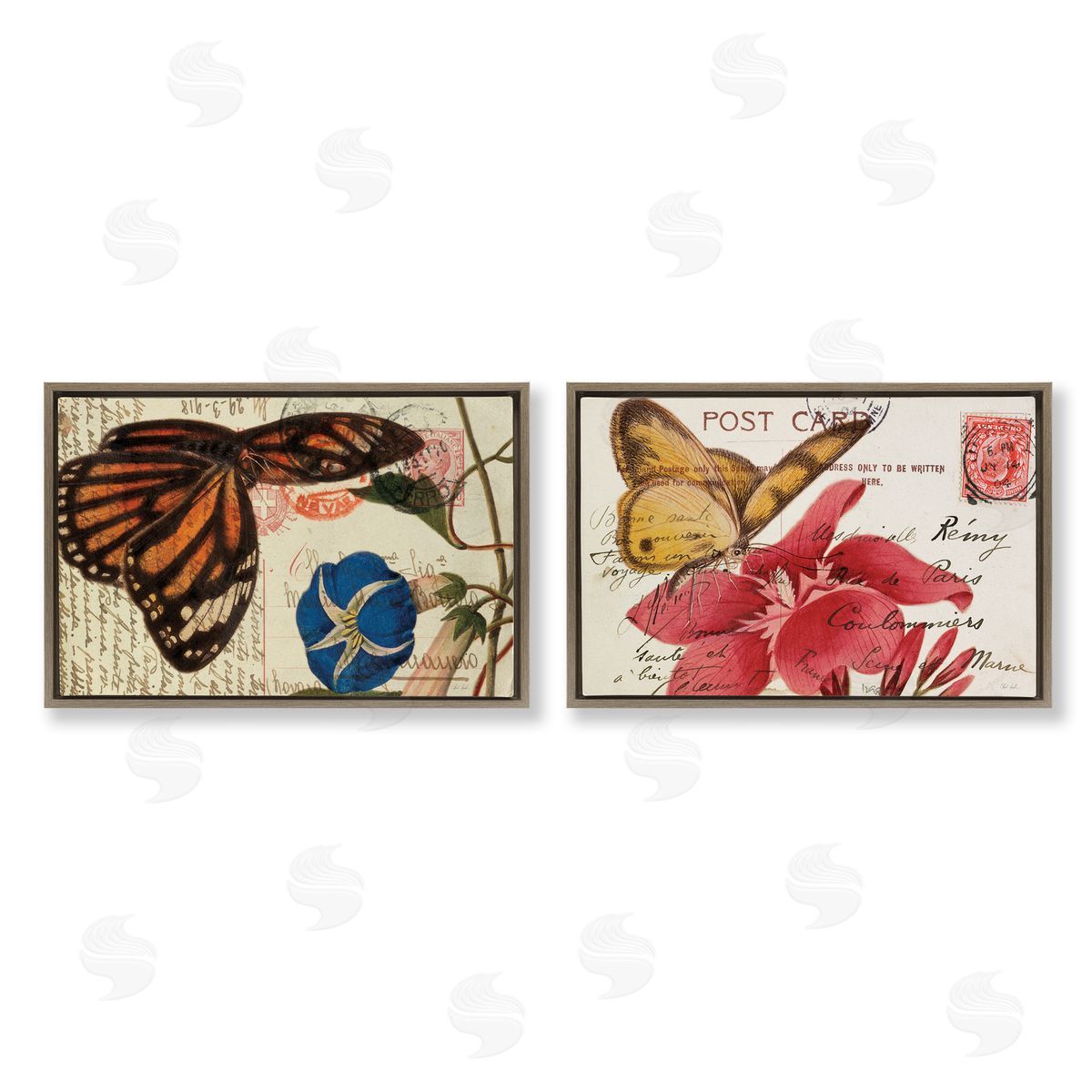 Butterfly Accented Postcards Brown Floating Frame Canvas Wall Art, Home Decor by Deborah Revell