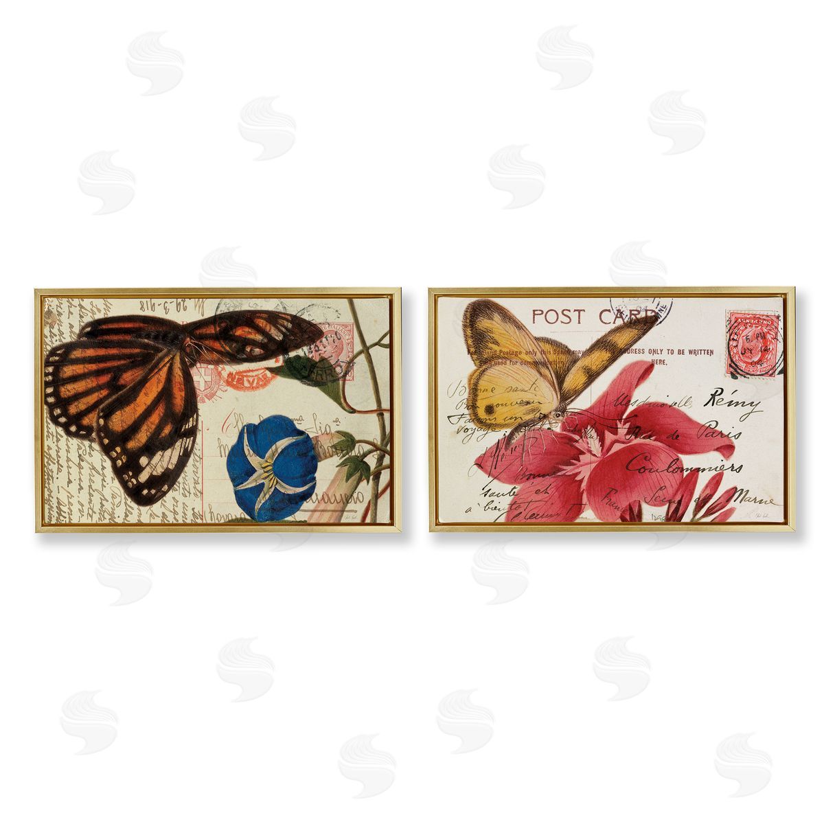 Butterfly Accented Postcards Gold Floating Frame Canvas Wall Art, Home Decor by Deborah Revell
