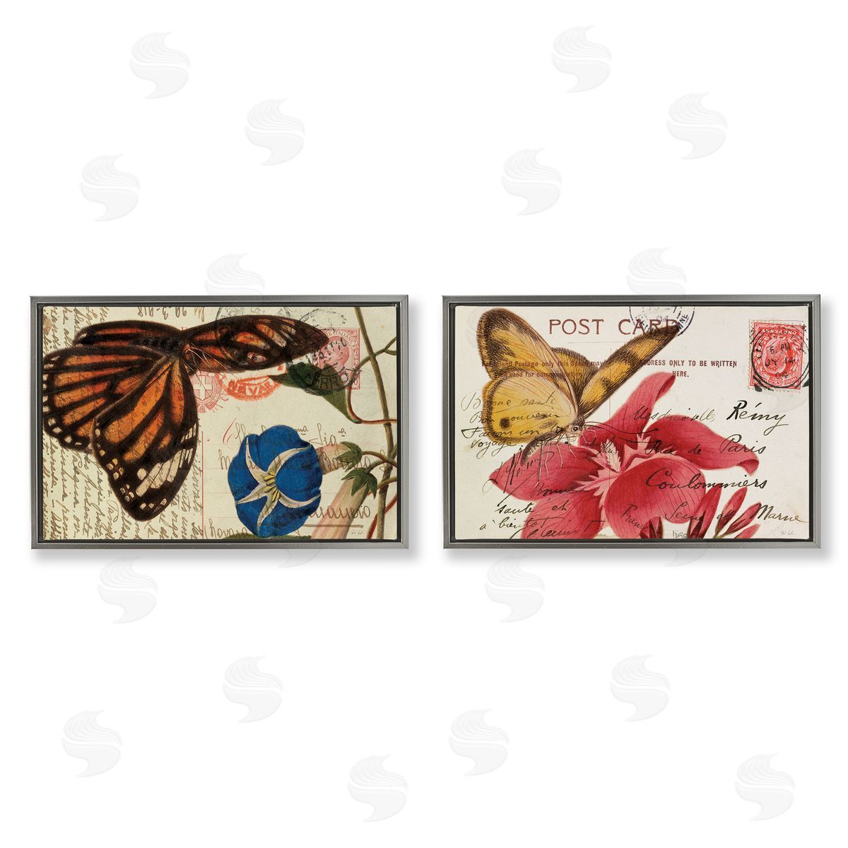 Butterfly Accented Postcards Grey Floating Frame Canvas Wall Art, Home Decor by Deborah Revell