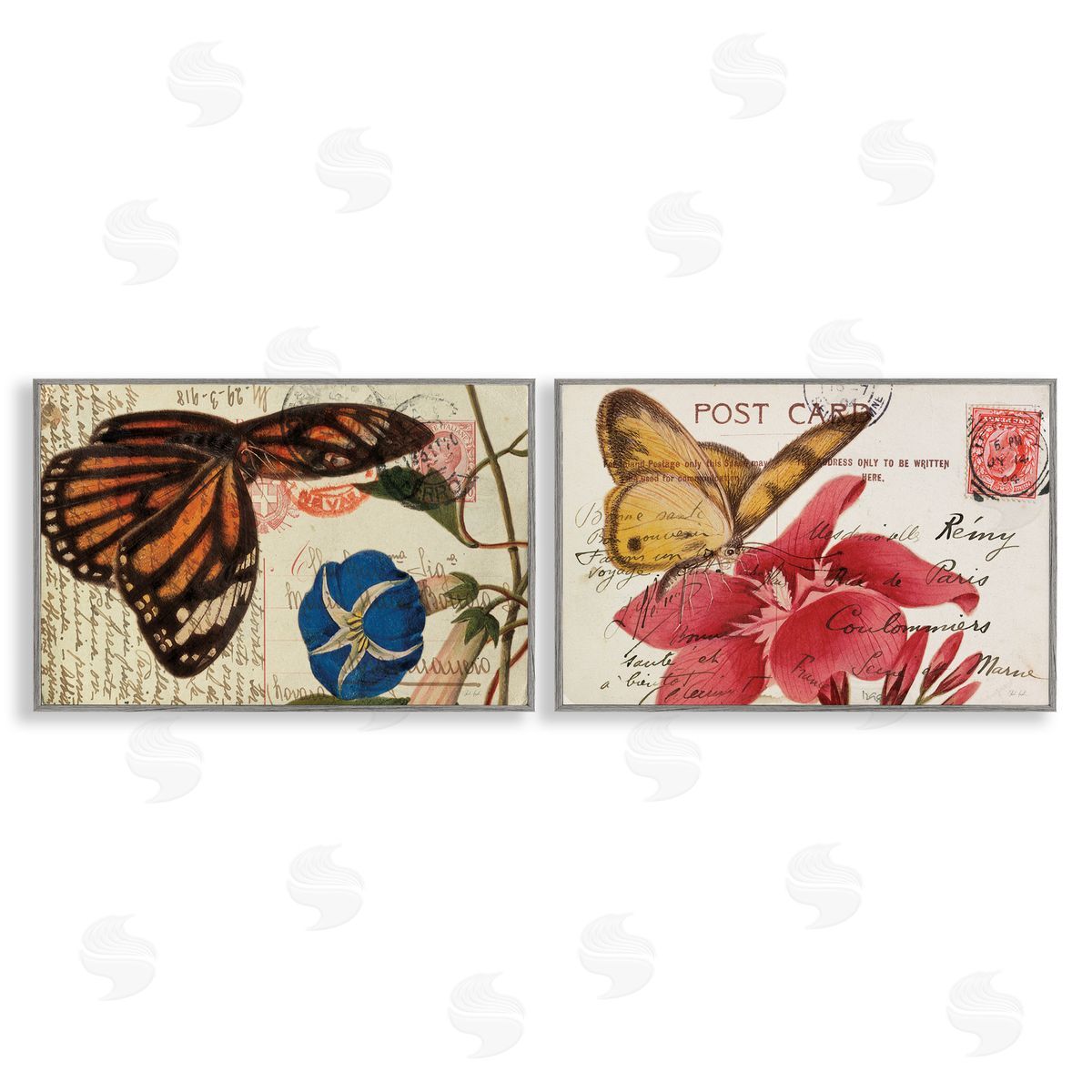 Butterfly Accented Postcards Grey Frame Print Wall Art, Home Decor by Deborah Revell