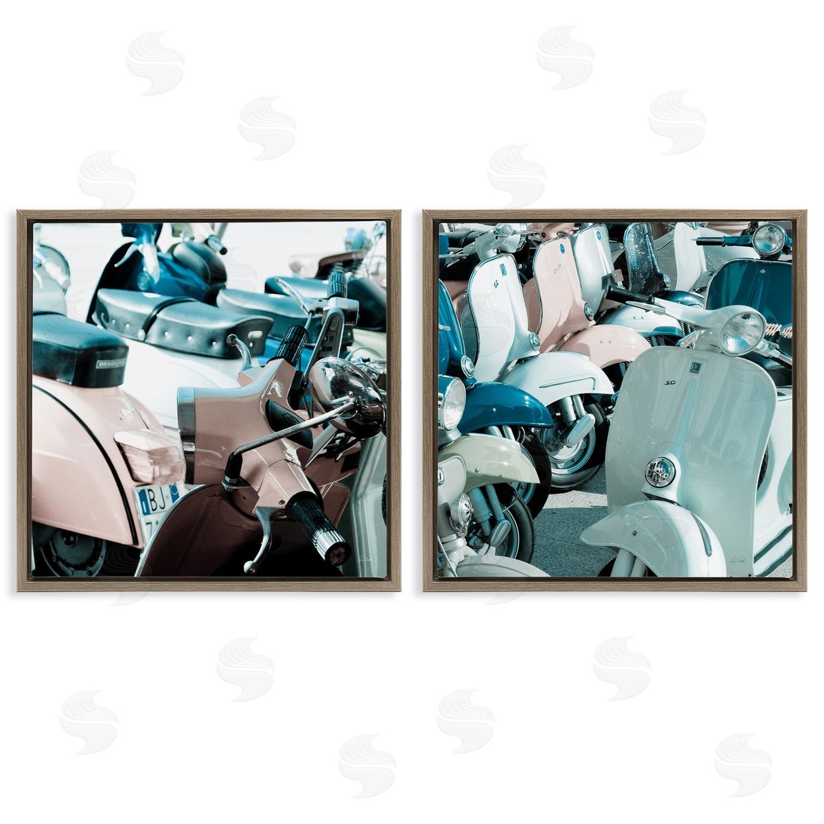 Italian Scooters in Pastels Brown Floating Frame Canvas Wall Art, Home Decor by Deborah Revell