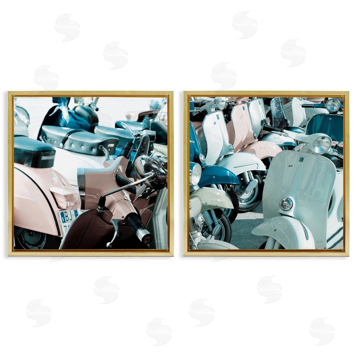 Italian Scooters in Pastels Gold Floating Frame Canvas Wall Art, Home Decor by Deborah Revell