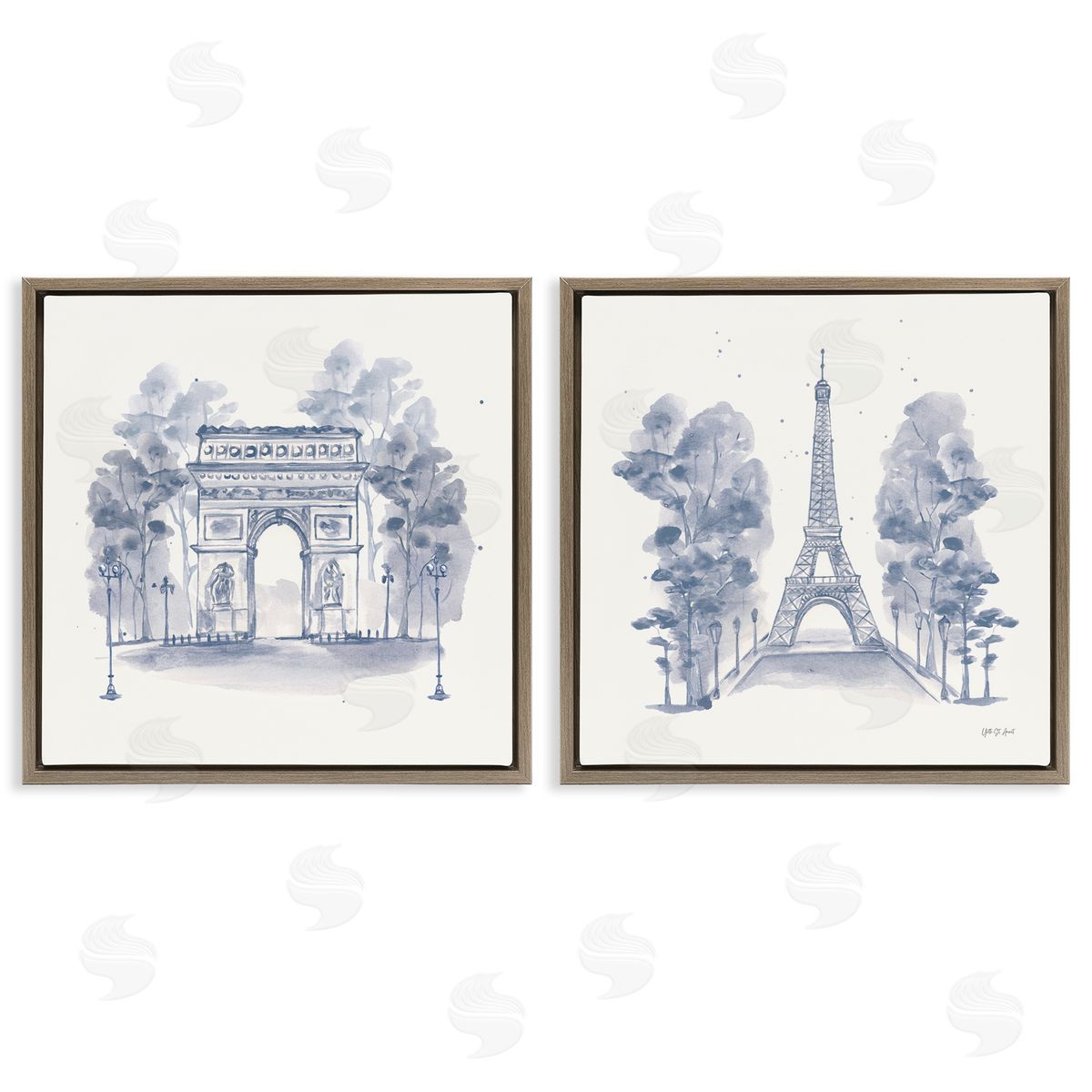 French Landmarks in Blue Brown Floating Frame Canvas Wall Art, Home Decor by Yvette St. Amant