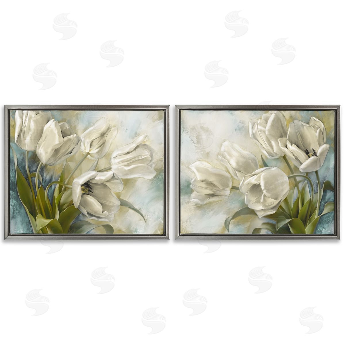 Tulips Curved Left & Right Grey Floating Frame Canvas Wall Art, Home Decor by Igor Levashov