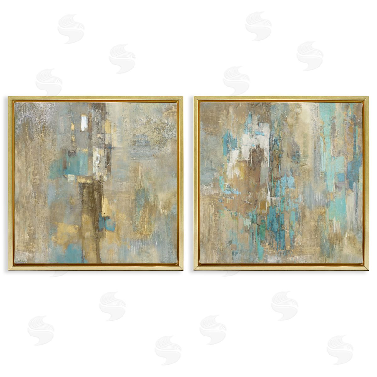 Blue & Rustic Gold Composition Gold Floating Frame Canvas Wall Art, Home Decor by Justin Turner