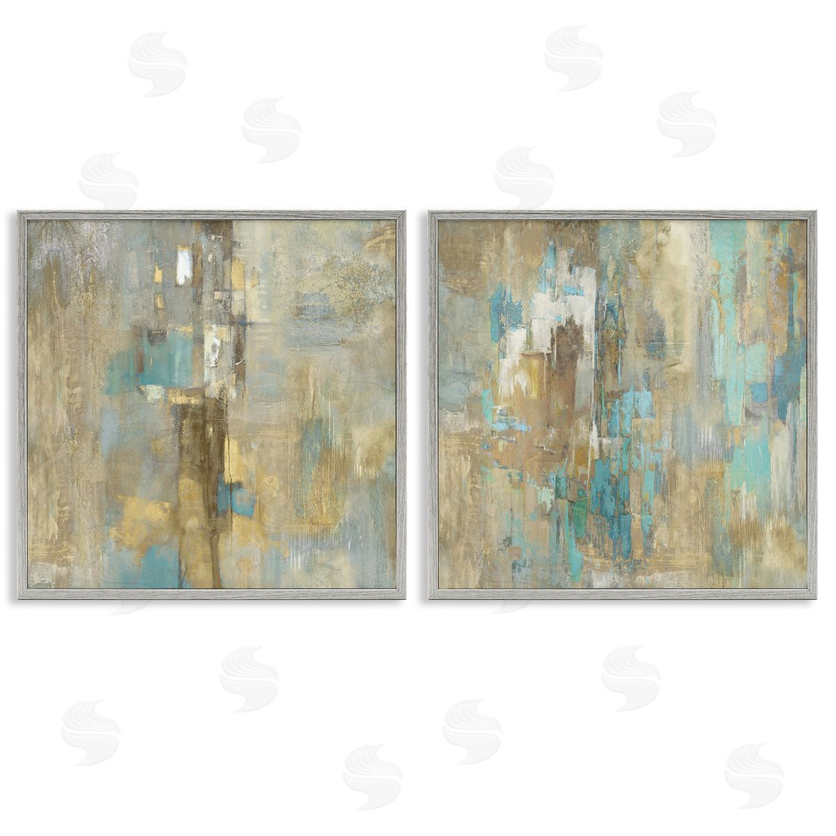 Blue & Rustic Gold Composition Grey Frame Print Wall Art, Home Decor by Justin Turner