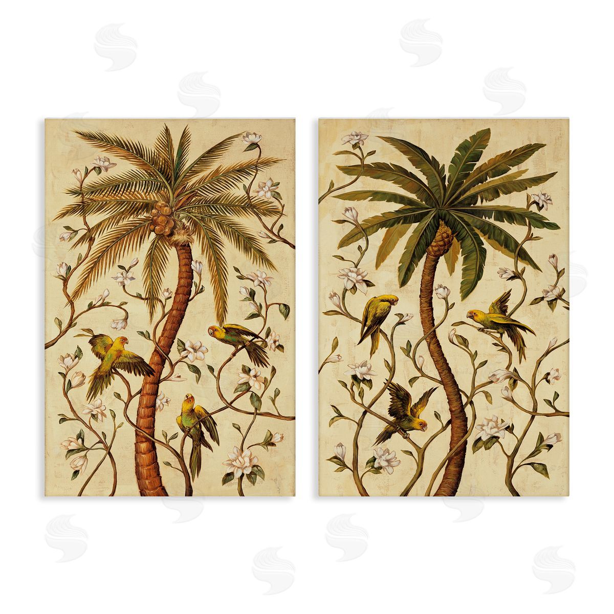 Parrots & Curving Palm Trees Canvas Wall Art, Home Decor by Rodolfo Jimenez