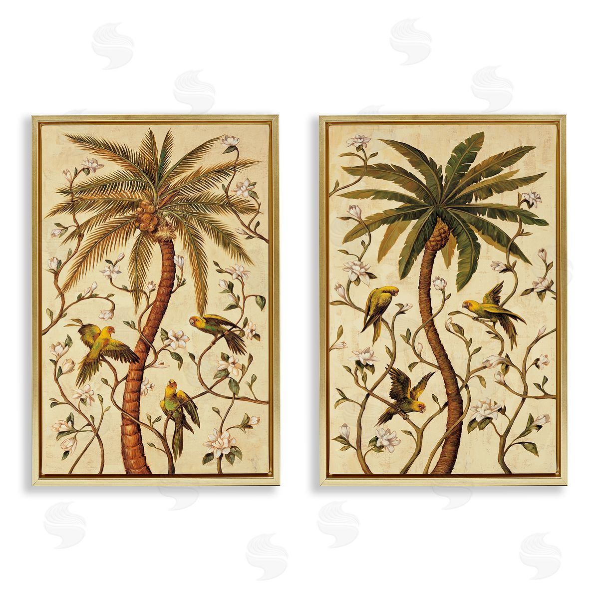 Parrots & Curving Palm Trees Gold Floating Frame Canvas Wall Art, Home Decor by Rodolfo Jimenez
