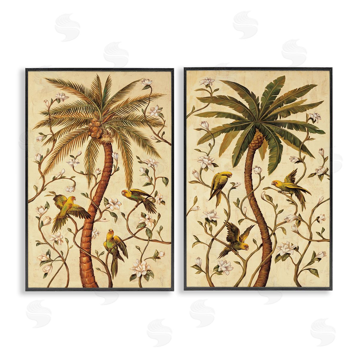 Parrots & Curving Palm Trees Black Frame Print Wall Art, Home Decor by Rodolfo Jimenez