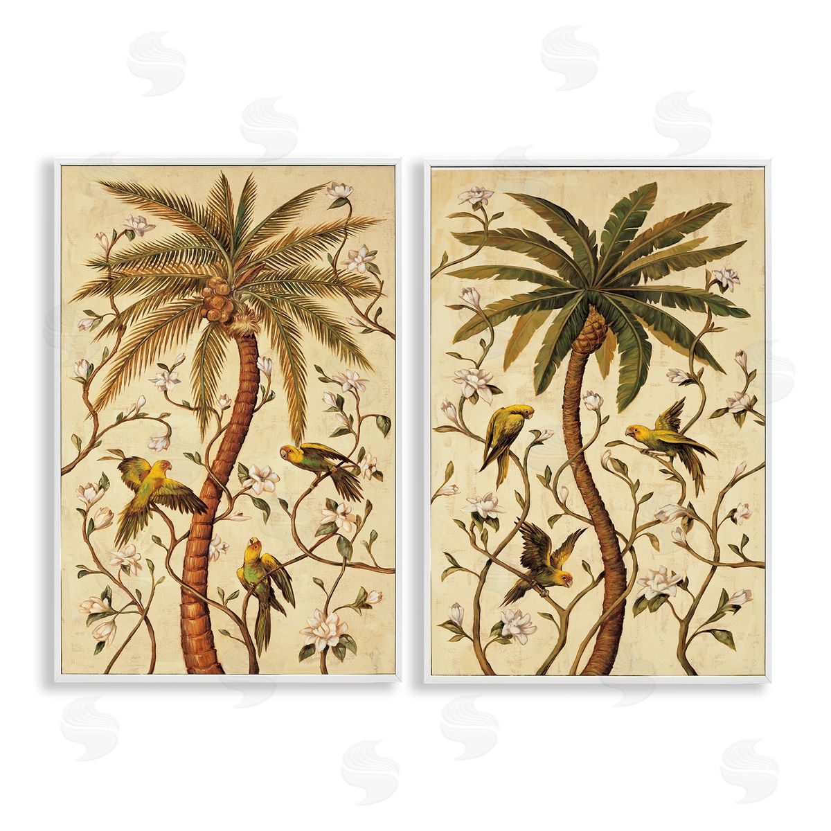 Parrots & Curving Palm Trees White Frame Print Wall Art, Home Decor by Rodolfo Jimenez