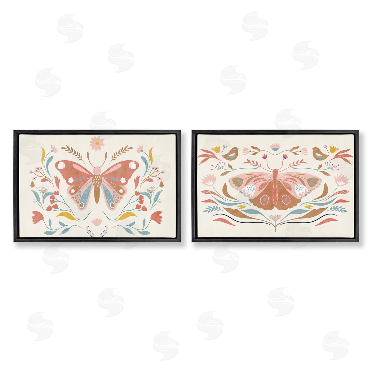 Folk Butterflies & Florals Black Floating Frame Canvas Wall Art, Home Decor by Kim Allen