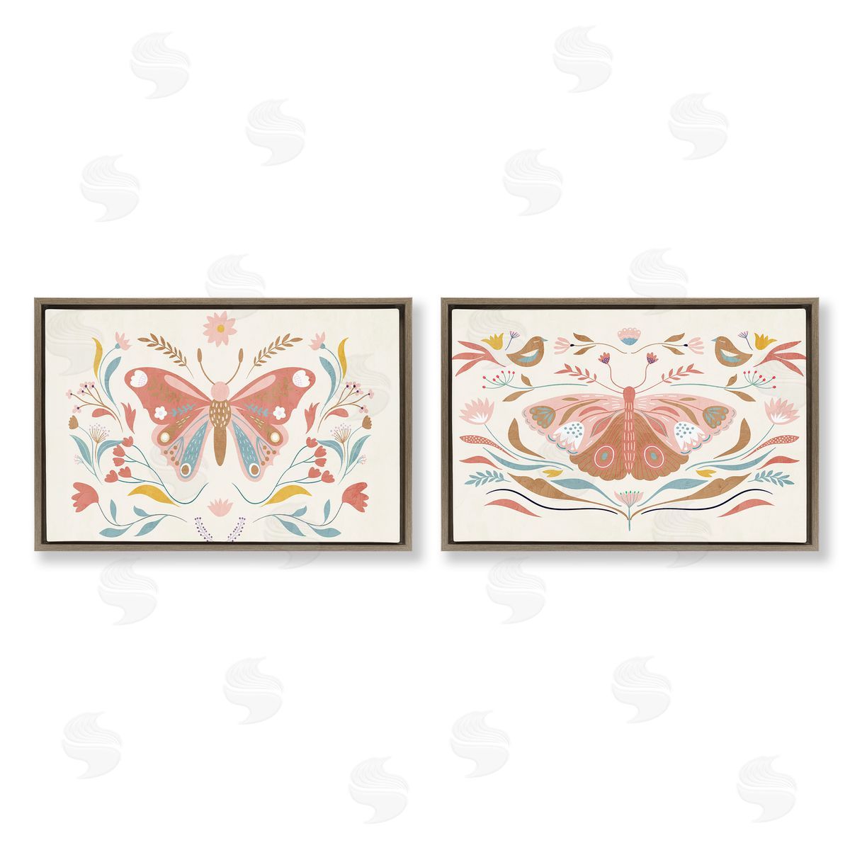 Folk Butterflies & Florals Brown Floating Frame Canvas Wall Art, Home Decor by Kim Allen
