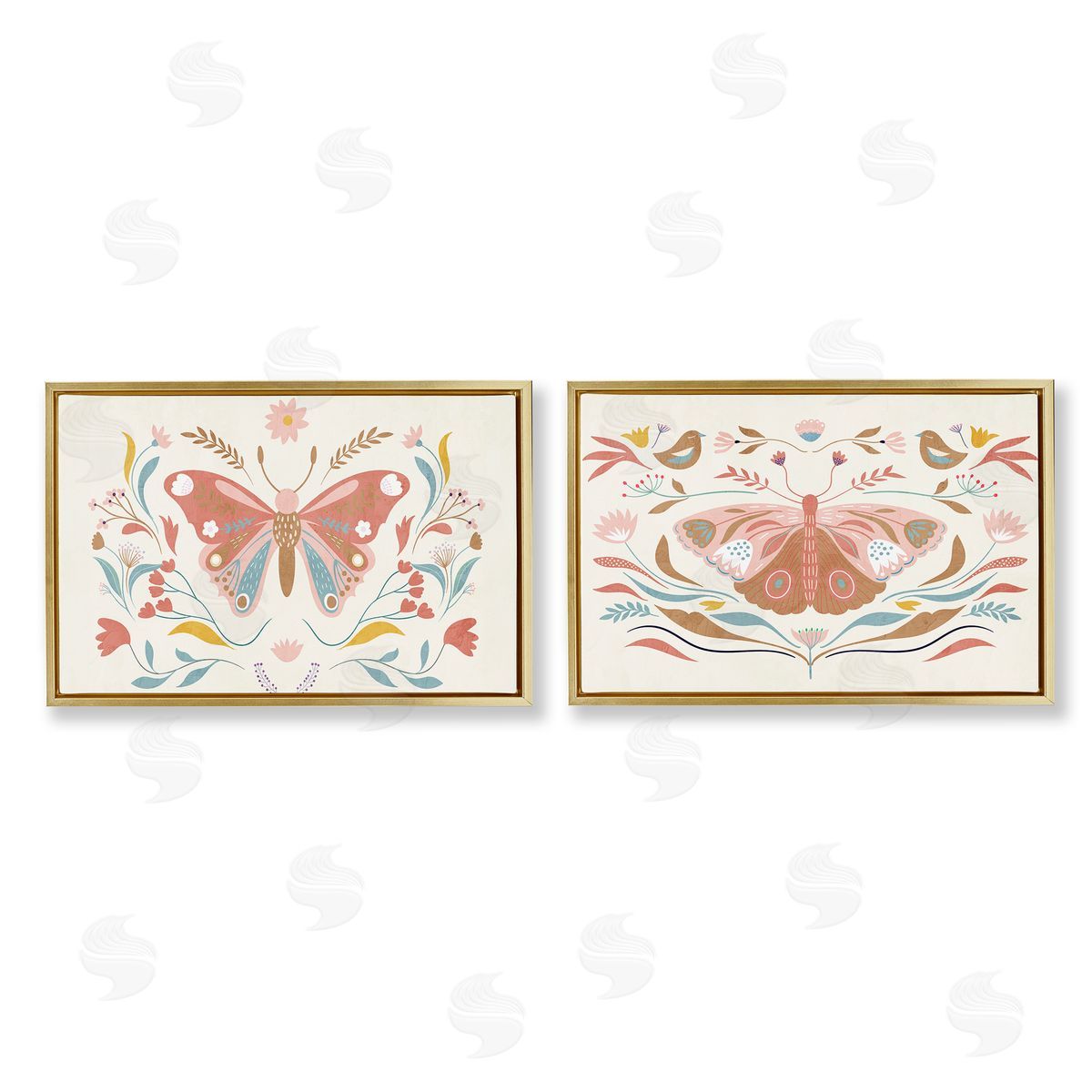 Folk Butterflies & Florals Gold Floating Frame Canvas Wall Art, Home Decor by Kim Allen