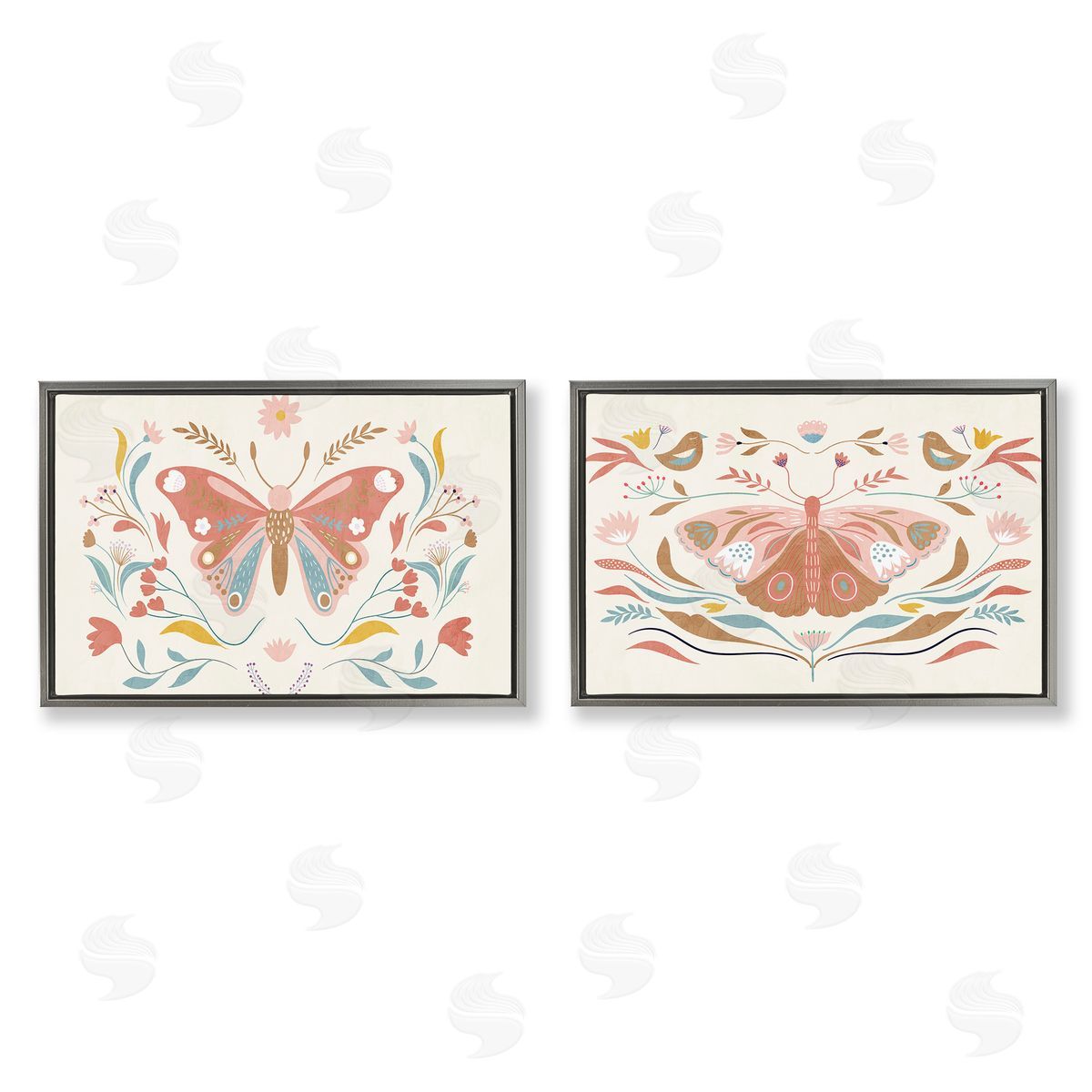 Folk Butterflies & Florals Grey Floating Frame Canvas Wall Art, Home Decor by Kim Allen
