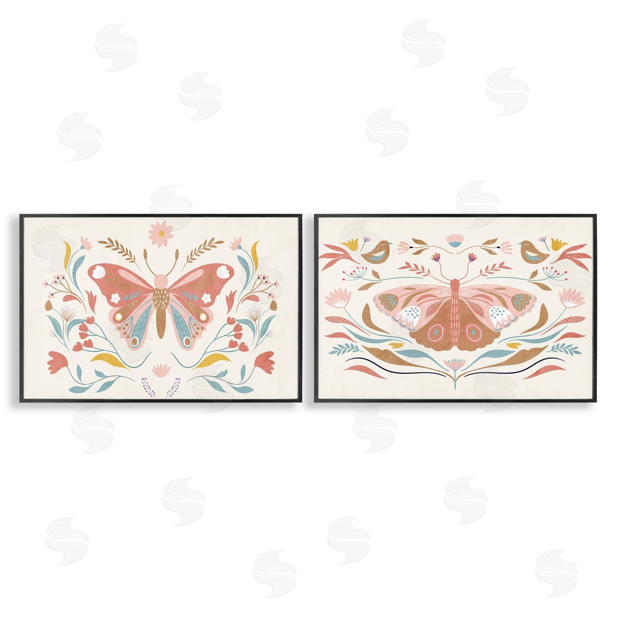 Folk Butterflies & Florals Black Frame Print Wall Art, Home Decor by Kim Allen