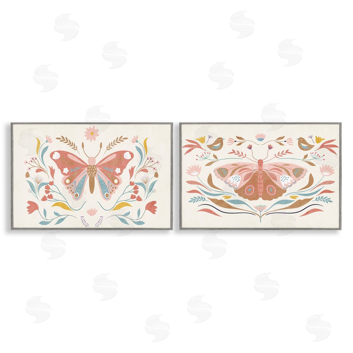 Folk Butterflies & Florals Grey Frame Print Wall Art, Home Decor by Kim Allen