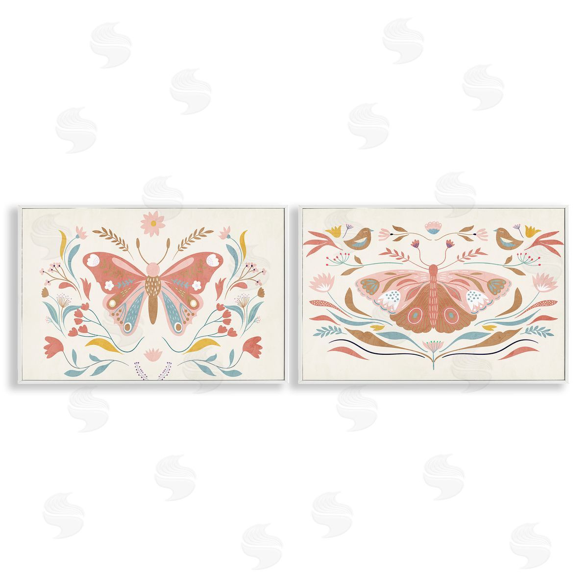Folk Butterflies & Florals White Frame Print Wall Art, Home Decor by Kim Allen