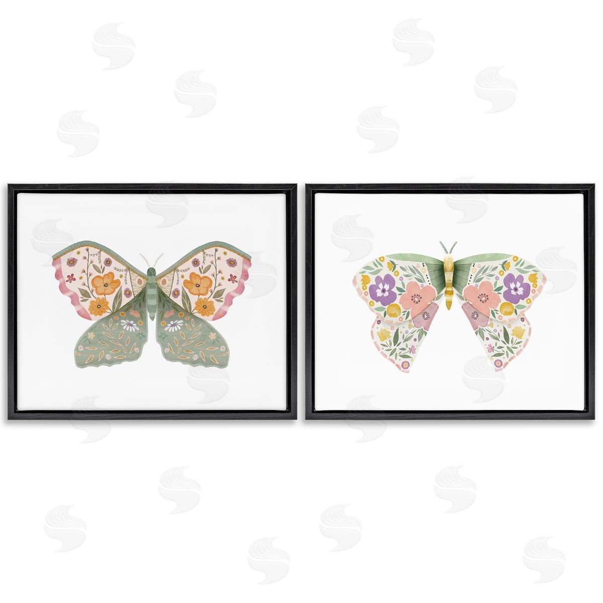 Folk Florals Butterflies Black Floating Frame Canvas Wall Art, Home Decor by Kim Allen