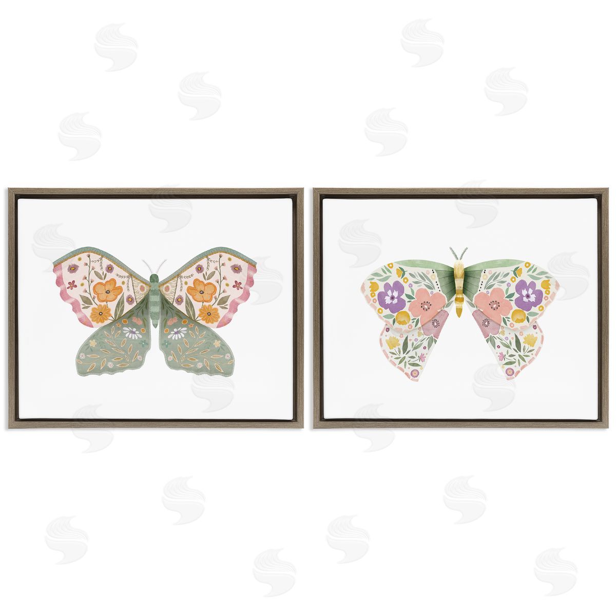 Folk Florals Butterflies Brown Floating Frame Canvas Wall Art, Home Decor by Kim Allen