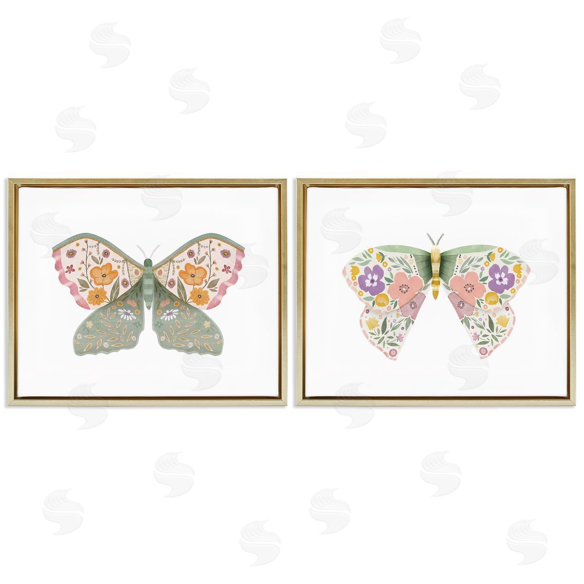 Folk Florals Butterflies Gold Floating Frame Canvas Wall Art, Home Decor by Kim Allen