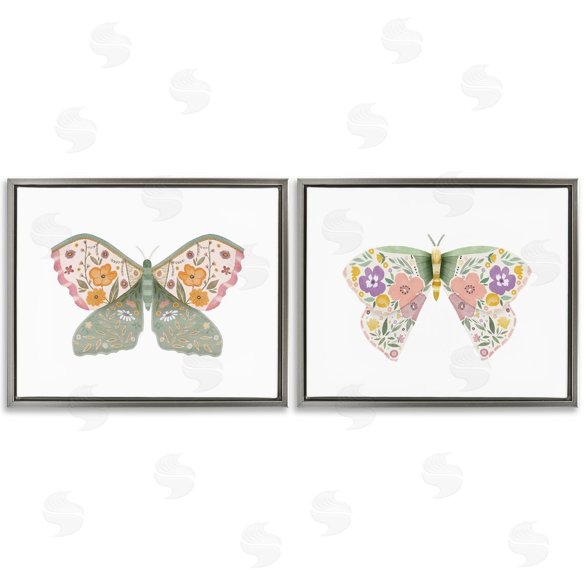 Folk Florals Butterflies Grey Floating Frame Canvas Wall Art, Home Decor by Kim Allen