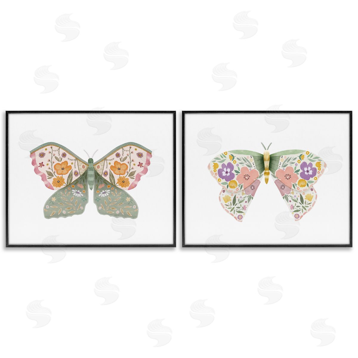 Folk Florals Butterflies Black Frame Print Wall Art, Home Decor by Kim Allen