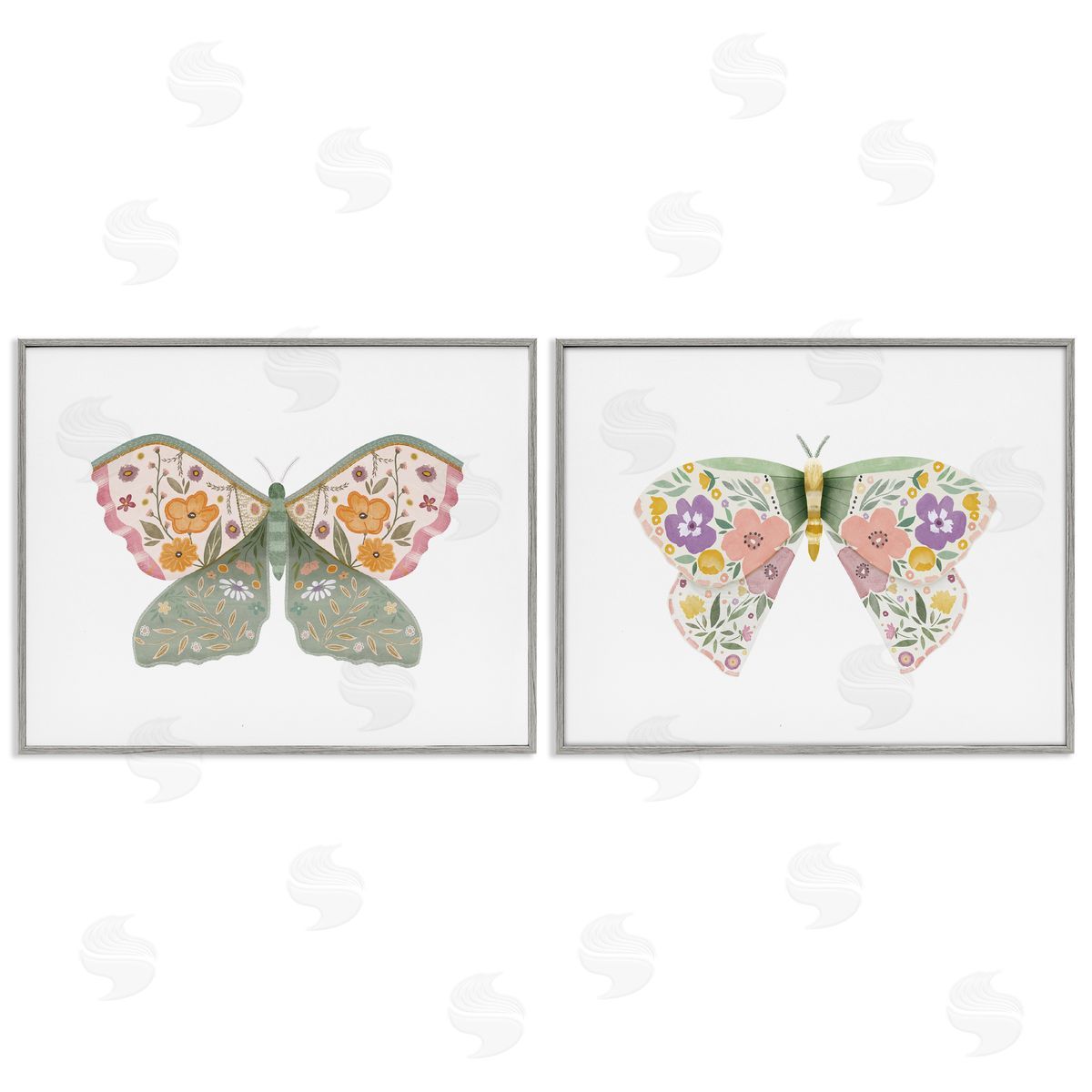 Folk Florals Butterflies Grey Frame Print Wall Art, Home Decor by Kim Allen