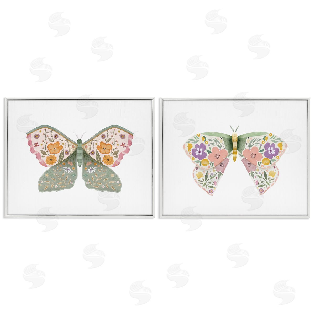 Folk Florals Butterflies White Frame Print Wall Art, Home Decor by Kim Allen