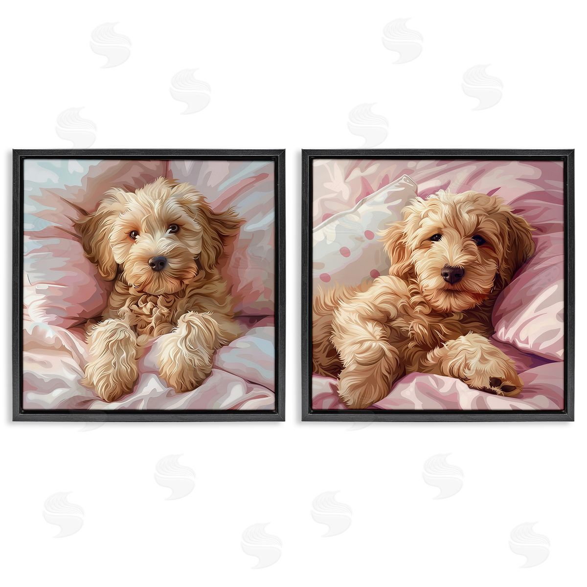 Cuddling Labradoodle in Bed Black Floating Frame Canvas Wall Art, Home Decor by Jim Baldwin