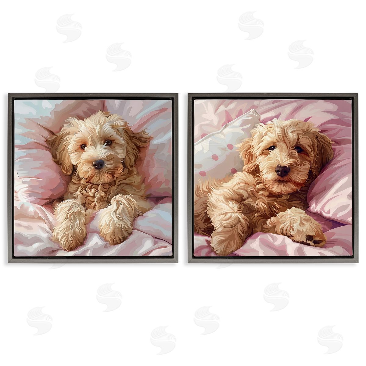 Cuddling Labradoodle in Bed Grey Floating Frame Canvas Wall Art, Home Decor by Jim Baldwin