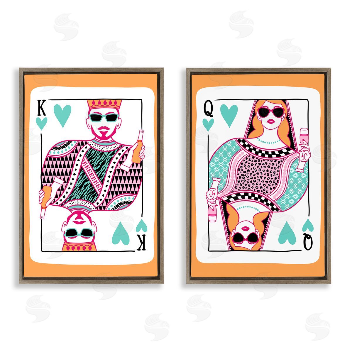 King & Queen of Hearts Brown Floating Frame Canvas Wall Art, Home Decor by JJ Design House LLC
