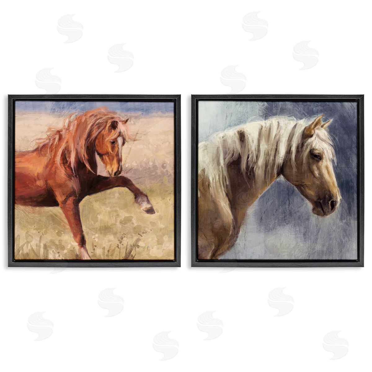 Rustic Stallions Portraits Black Floating Frame Canvas Wall Art, Home Decor by Nina Blue