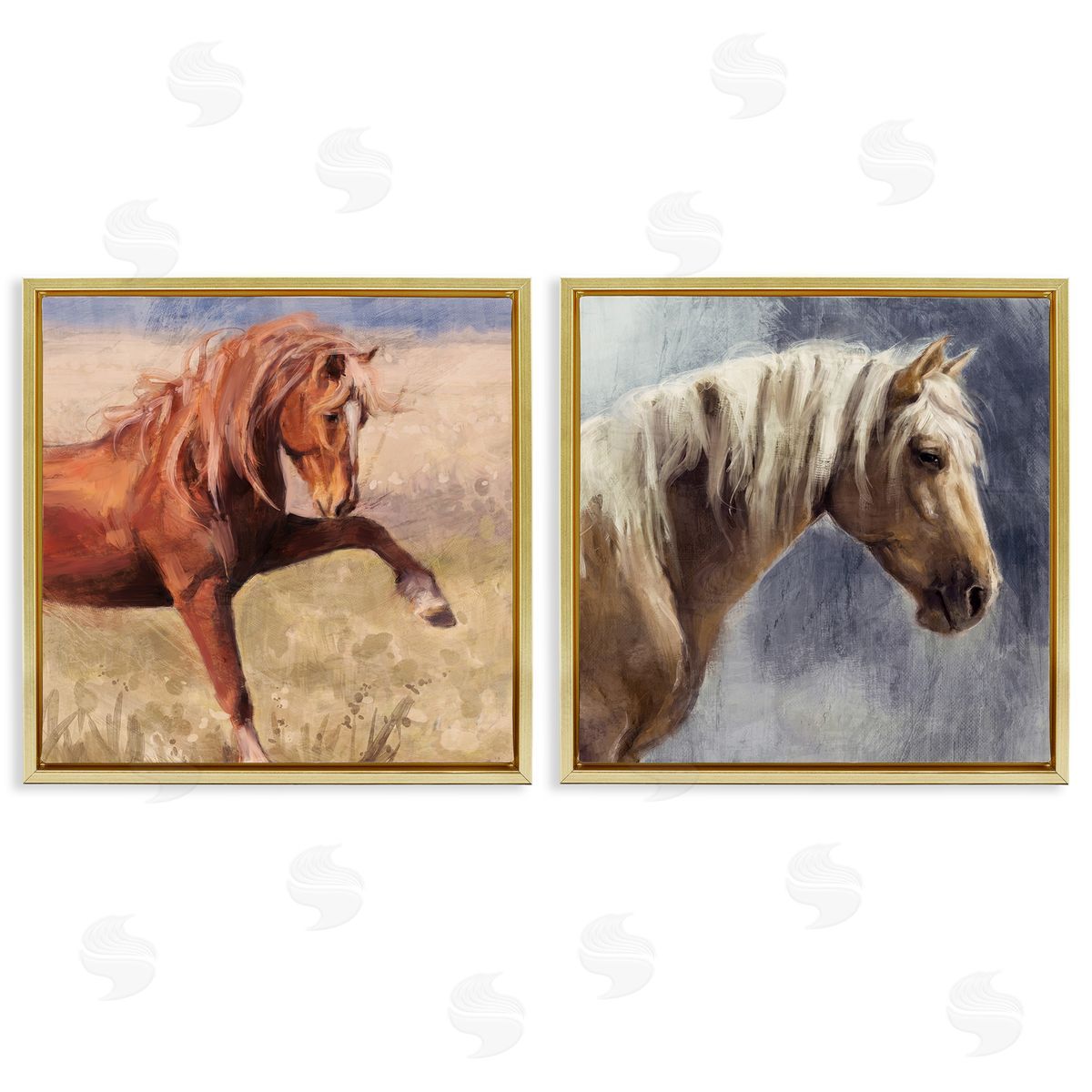 Rustic Stallions Portraits Gold Floating Frame Canvas Wall Art, Home Decor by Nina Blue