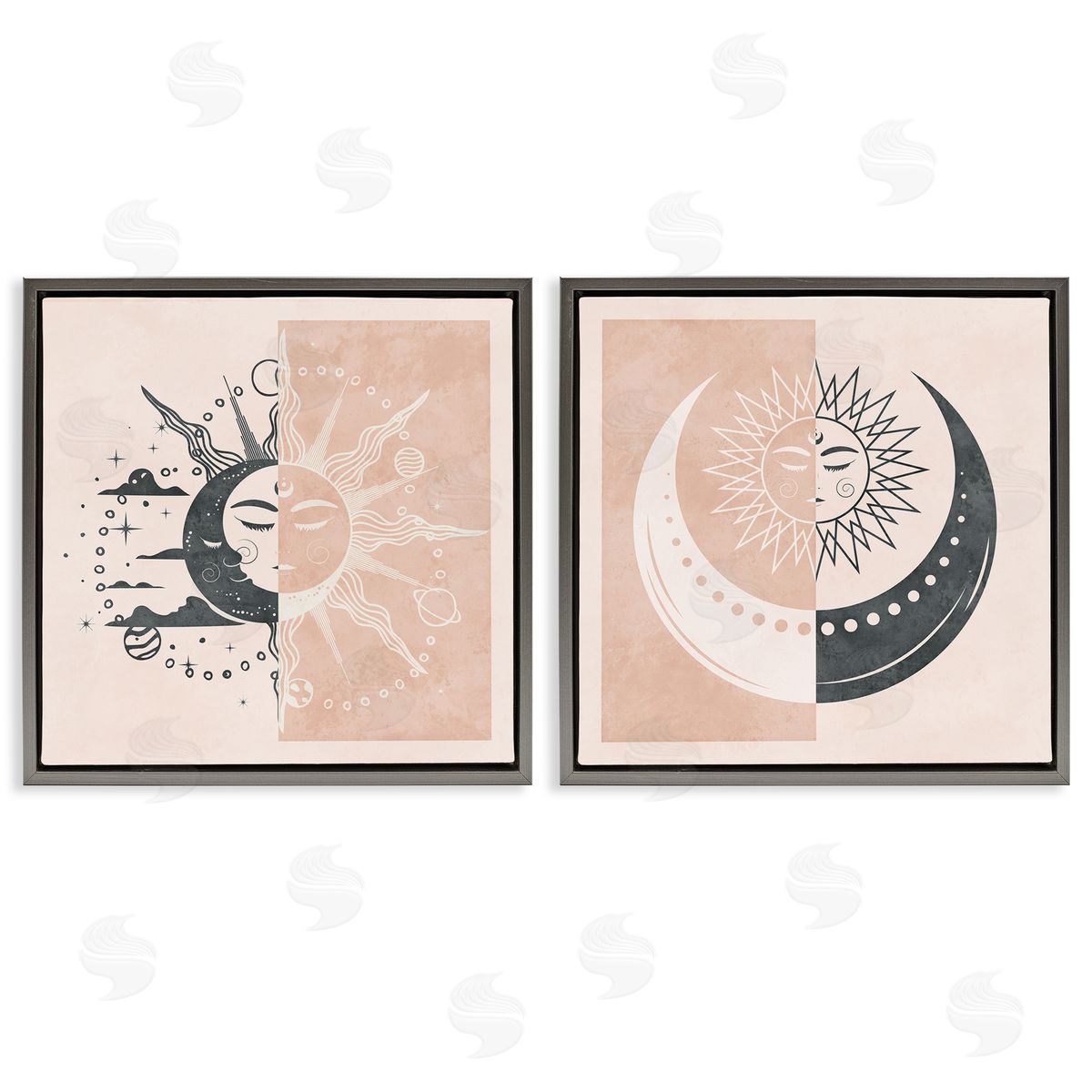 Boho Two Tone Moon Sun Grey Floating Frame Canvas Wall Art, Home Decor by Nina Blue