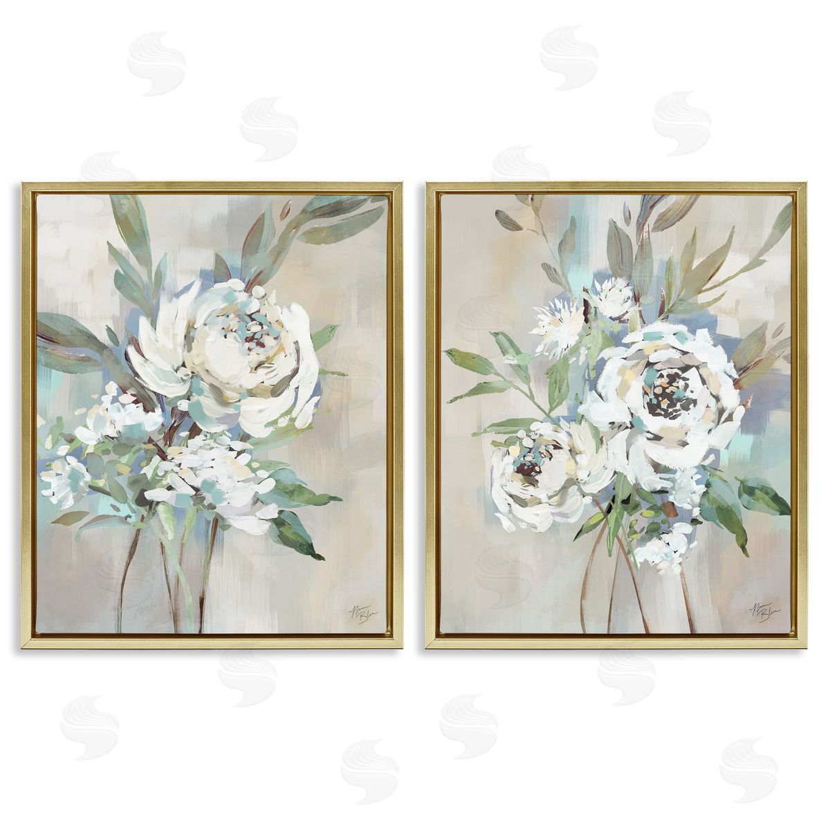Antique Rose Bundles Gold Floating Frame Canvas Wall Art, Home Decor by Nina Blue