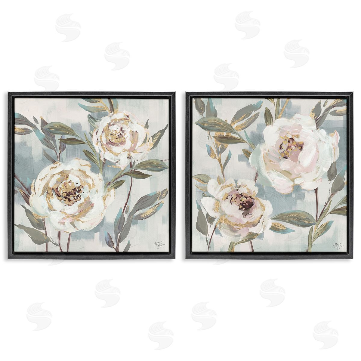 Country Antique Blossoms Black Floating Frame Canvas Wall Art, Home Decor by Nina Blue