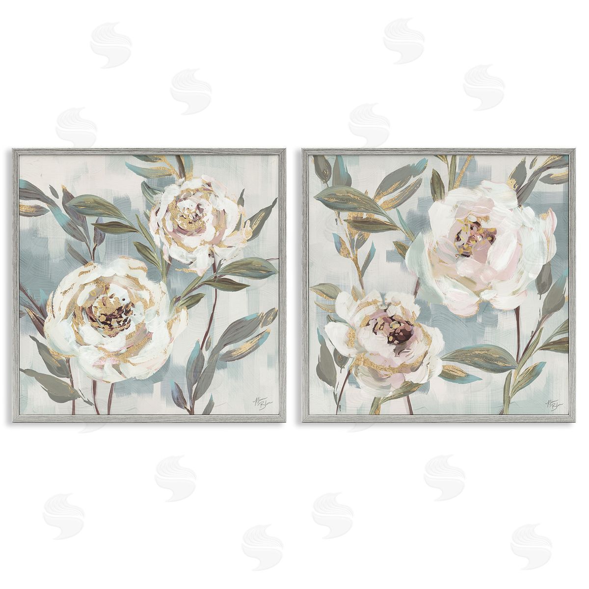 Country Antique Blossoms Grey Frame Print Wall Art, Home Decor by Nina Blue