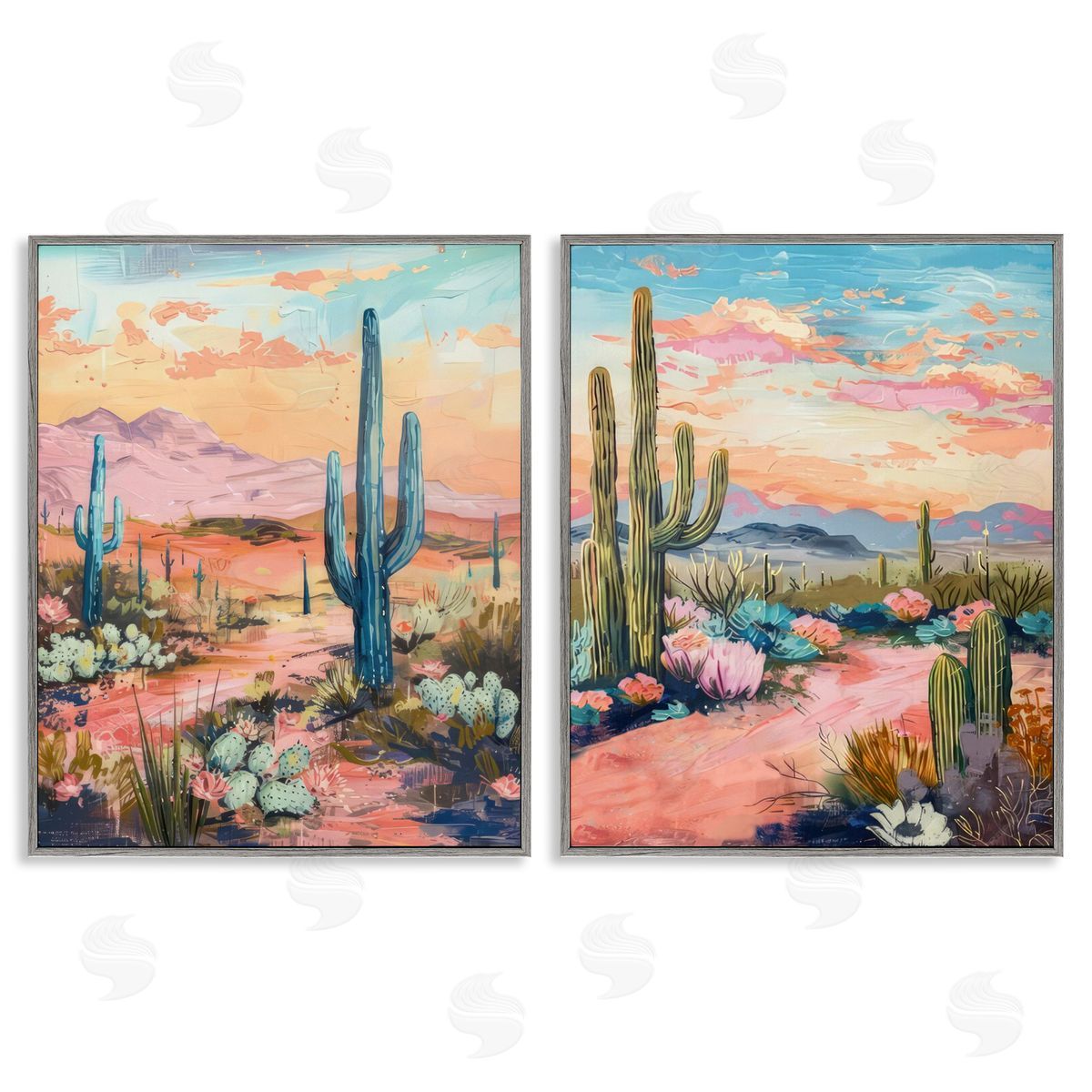 Cactus Paths & Sunset Grey Frame Print Wall Art, Home Decor by LSR Design Studio