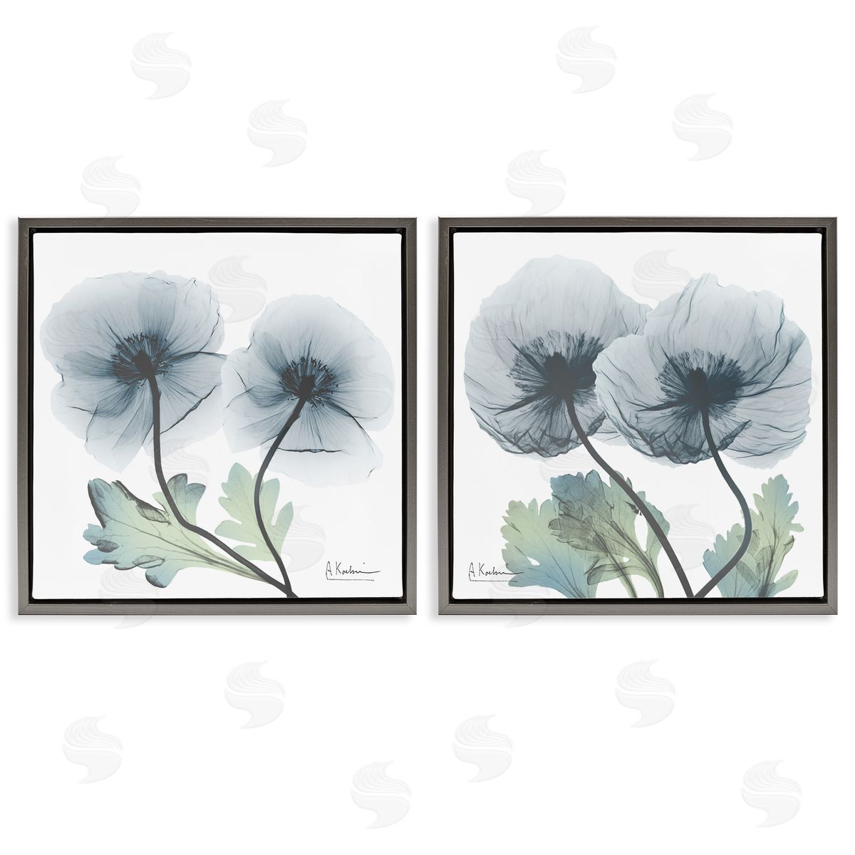 Luminous Sapphire Florals Grey Floating Frame Canvas Wall Art, Home Decor by Albert Koetsier