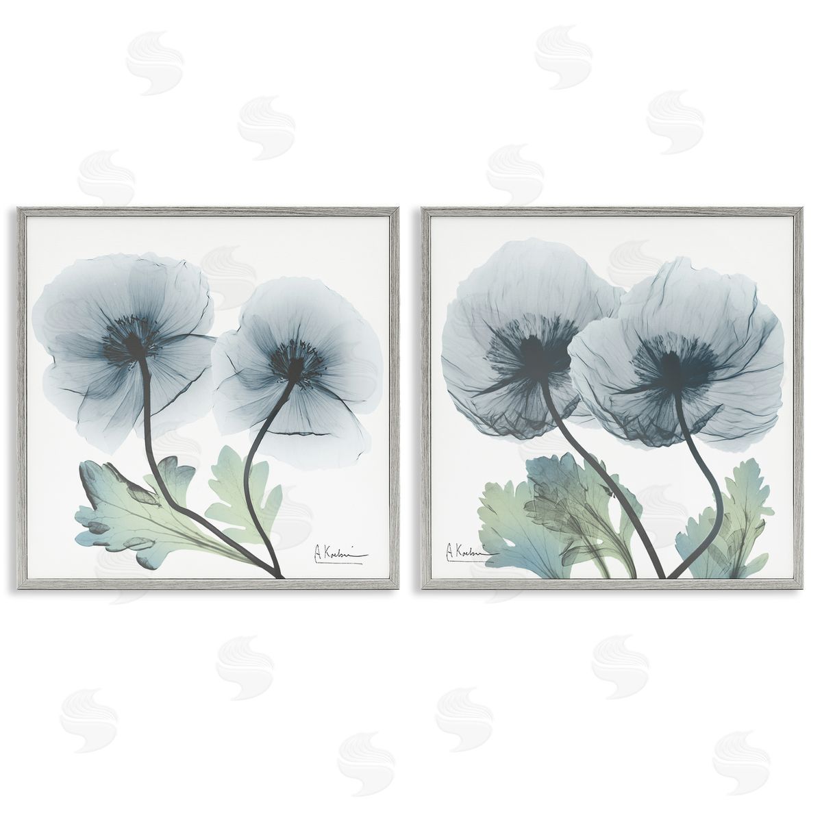 Luminous Sapphire Florals Grey Frame Print Wall Art, Home Decor by Albert Koetsier