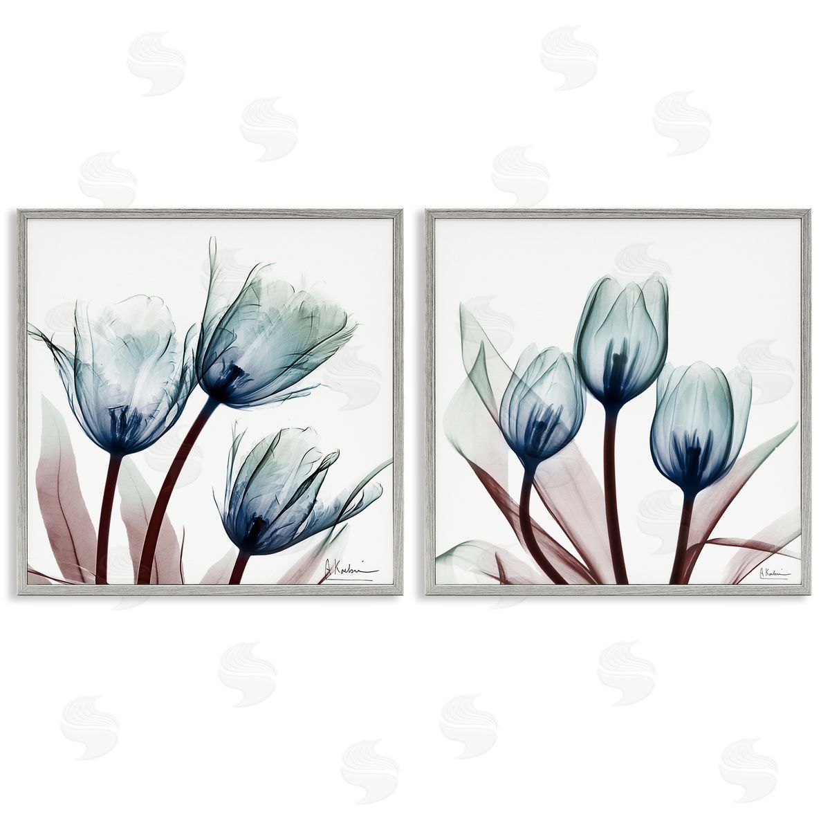 Vibrant Blue Tulips Grey Frame Print Wall Art, Home Decor by Albert Koetsier