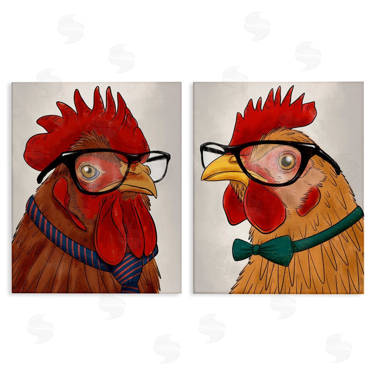 Quirky Hipster Roosters Canvas Wall Art, Home Decor by Marcus Prime