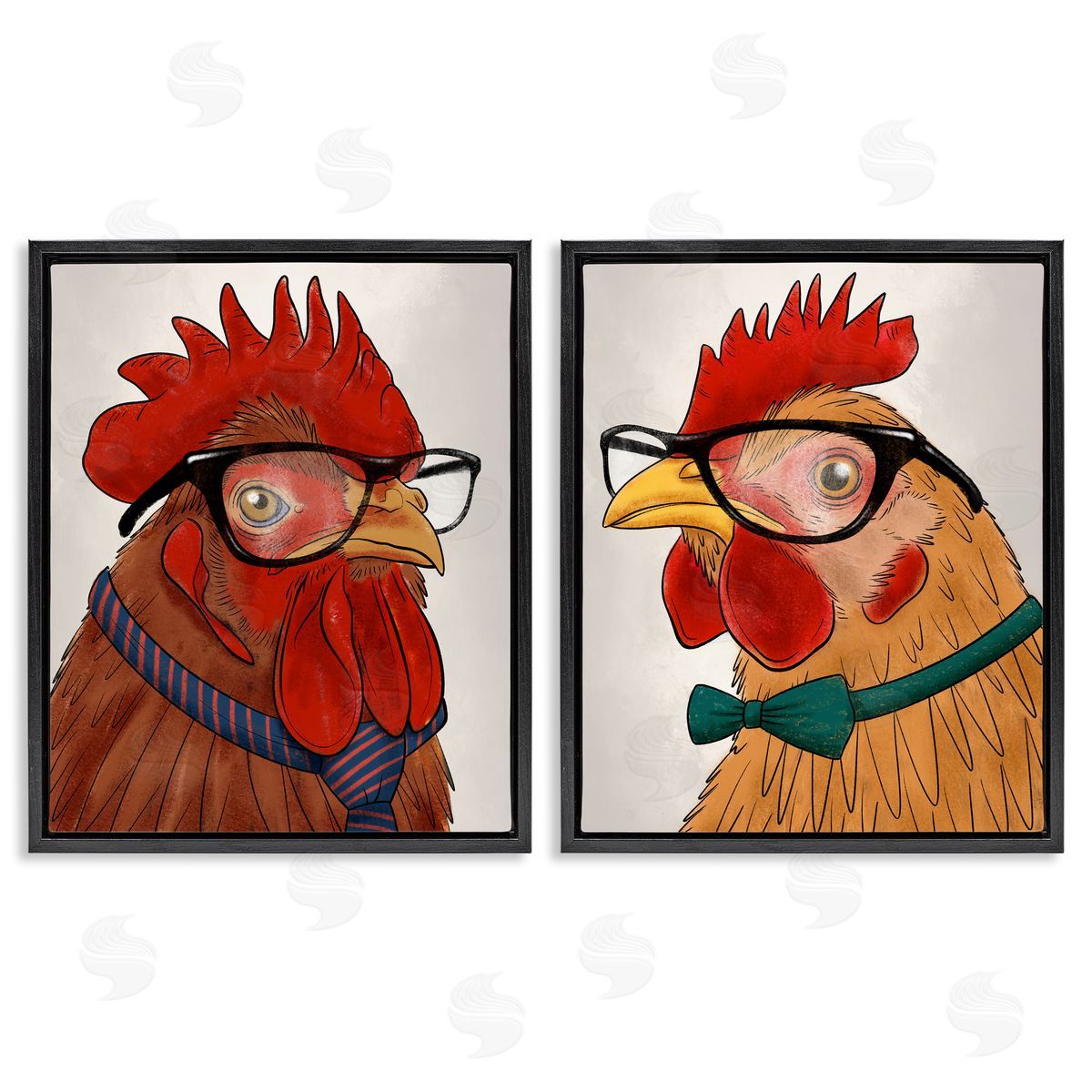 Quirky Hipster Roosters Black Floating Frame Canvas Wall Art, Home Decor by Marcus Prime
