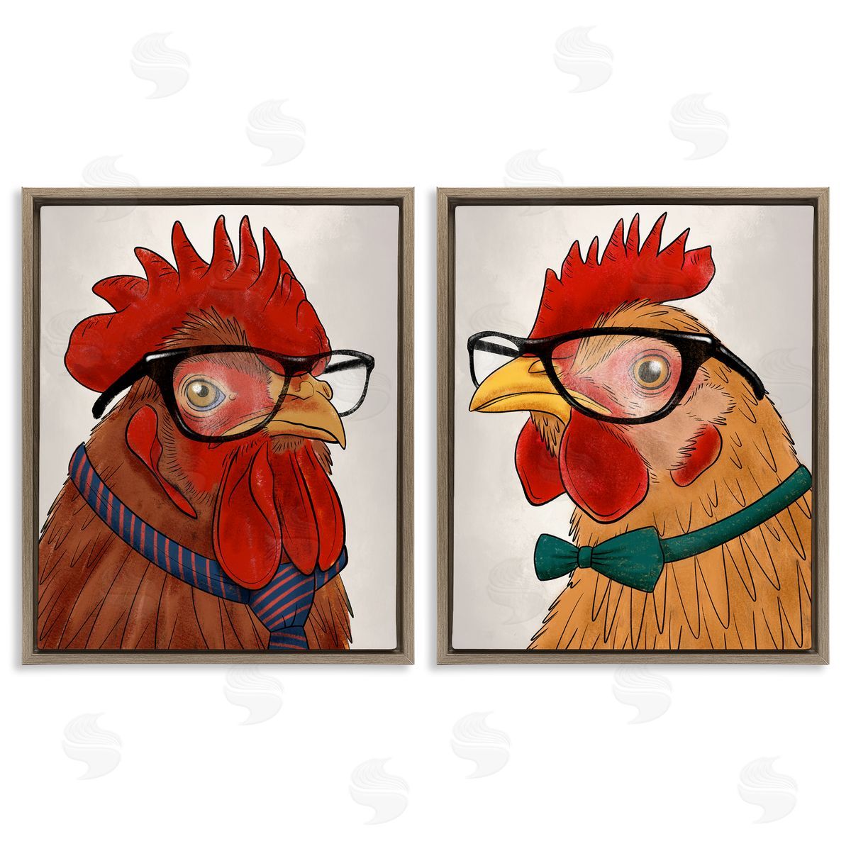 Quirky Hipster Roosters Brown Floating Frame Canvas Wall Art, Home Decor by Marcus Prime