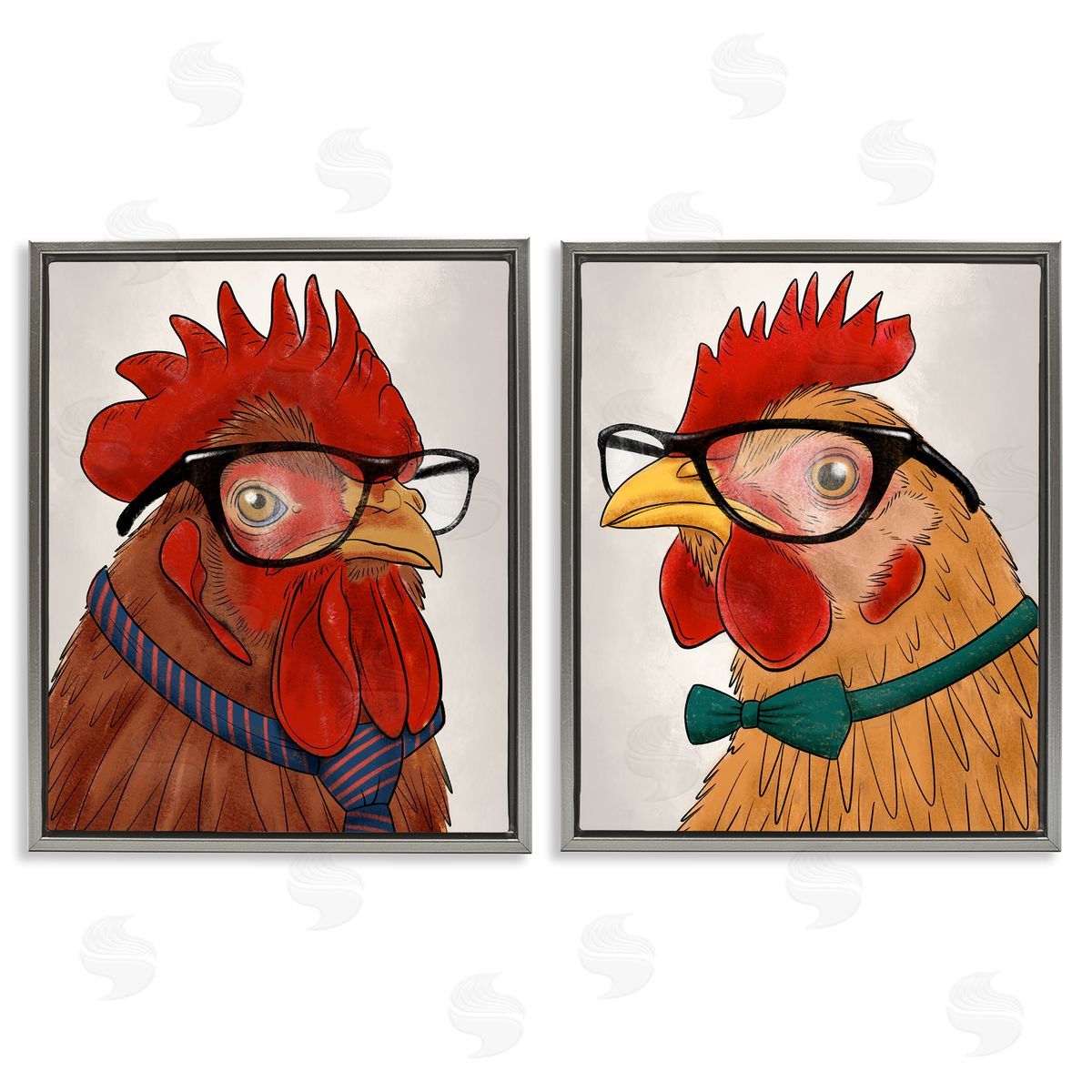 Quirky Hipster Roosters Grey Floating Frame Canvas Wall Art, Home Decor by Marcus Prime